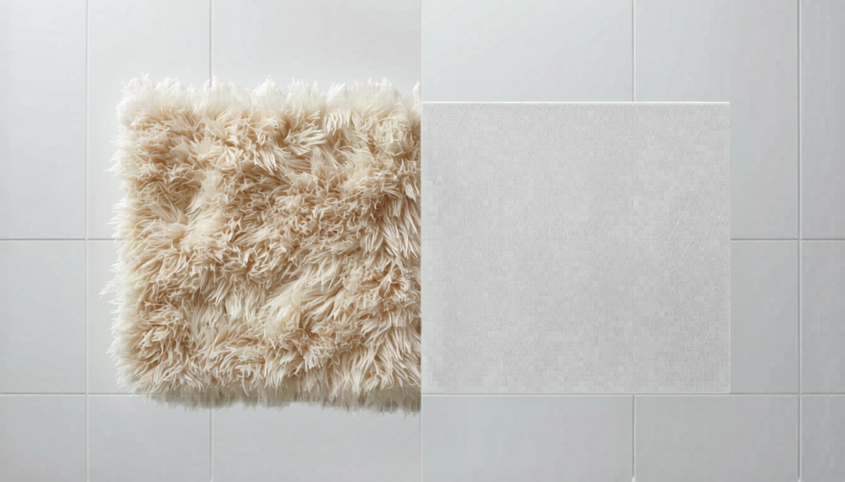 Bath rug and bath mat side by side in a bathroom