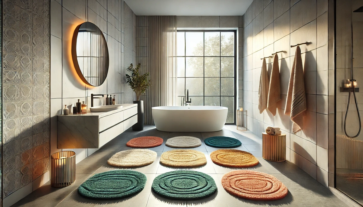 Five bath rugs compared on white tile bathroom floor