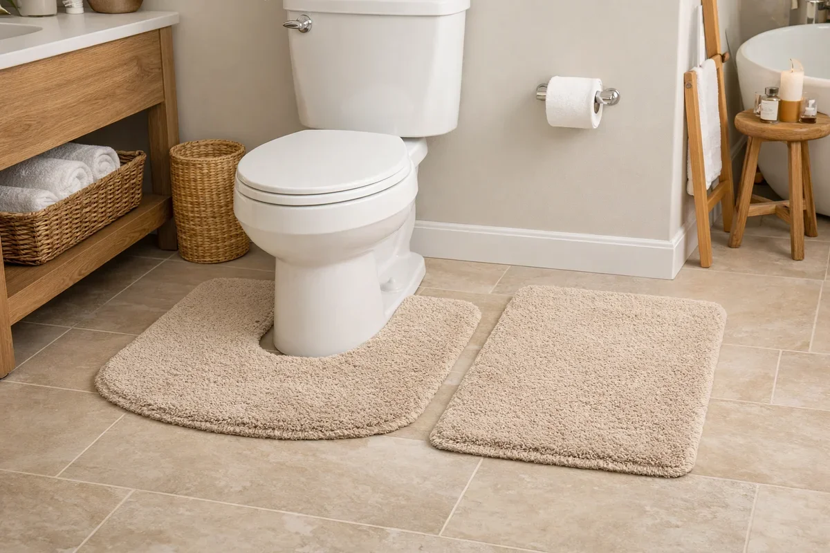 U-shaped contour bath rug wrapped neatly around toilet base