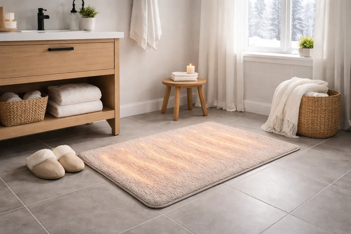 Electric heated bath mat with temperature control and quick-dry surface