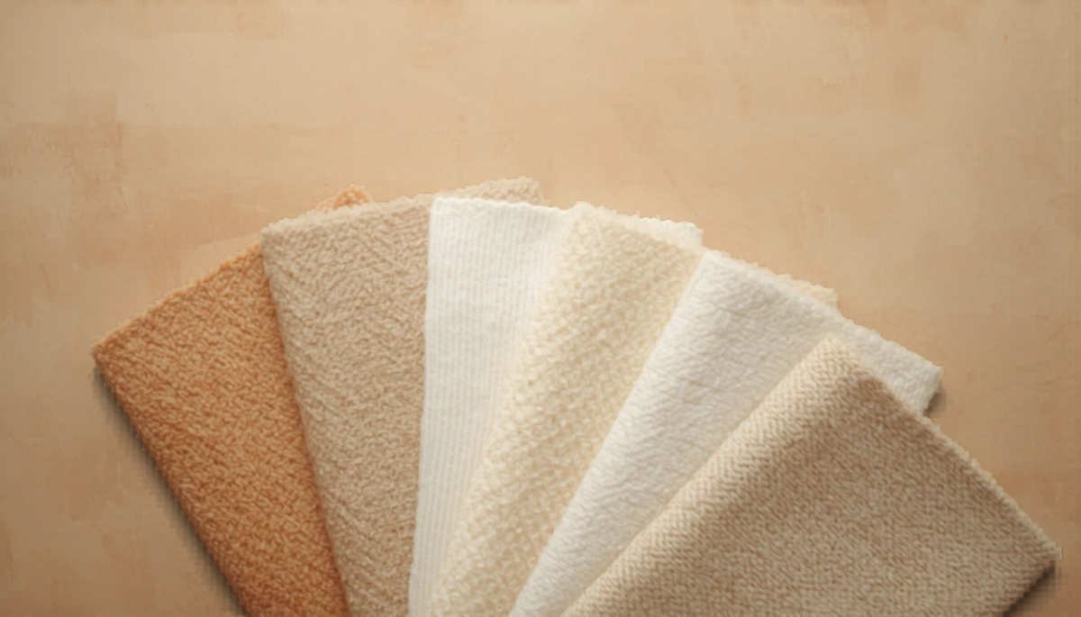 Five bath rug material samples side by side on a bathroom floor