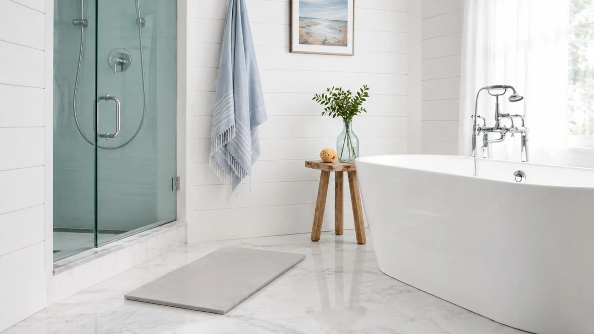 Best Stone Bath Mats: diatomaceous earth stone mat in a modern bathroom