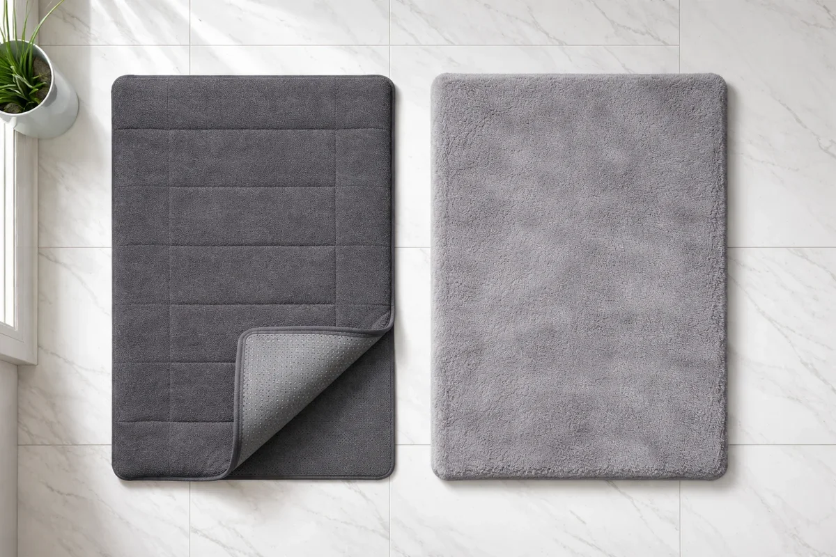 Gorilla Grip vs Genteele bath rug side by side comparison on white marble floor