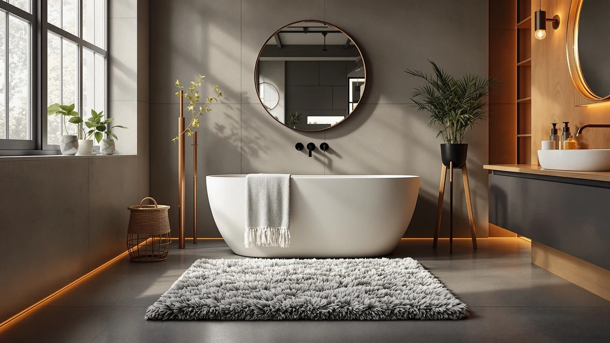 Bath rug drying on towel bar in bathroom