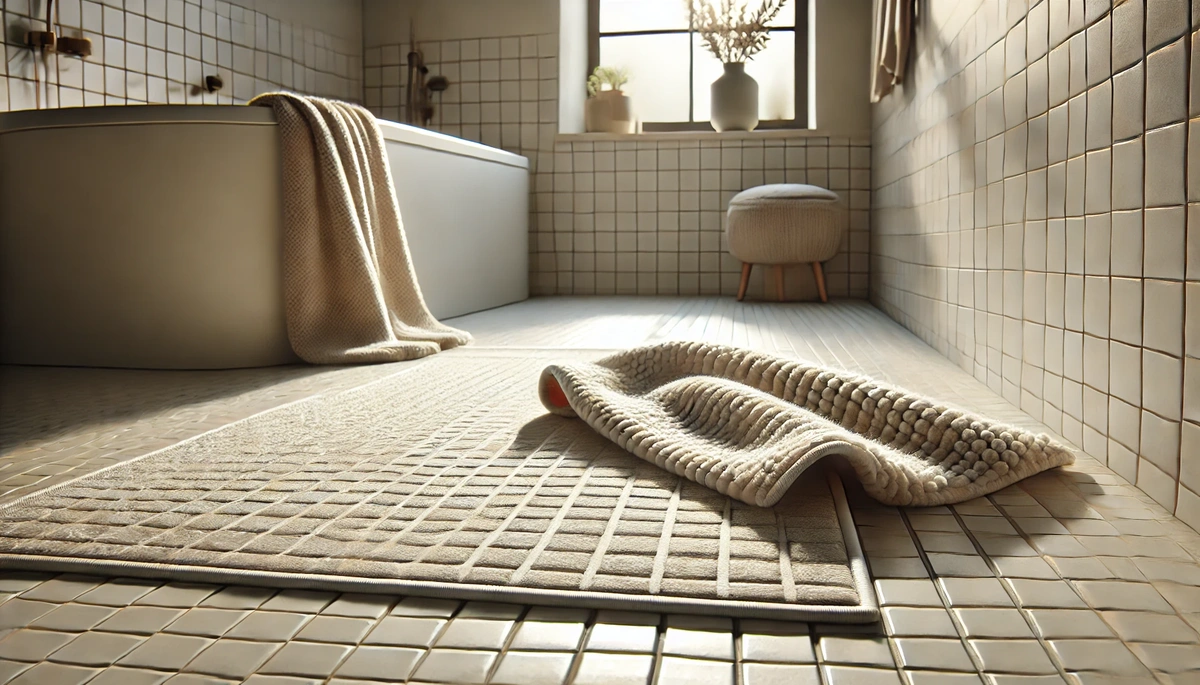 Bath rug on tile floor with non-slip backing visible