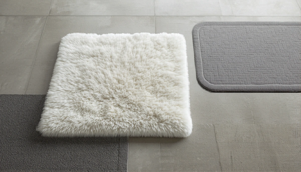Modern bathroom with a well-placed bath rug in front of the tub